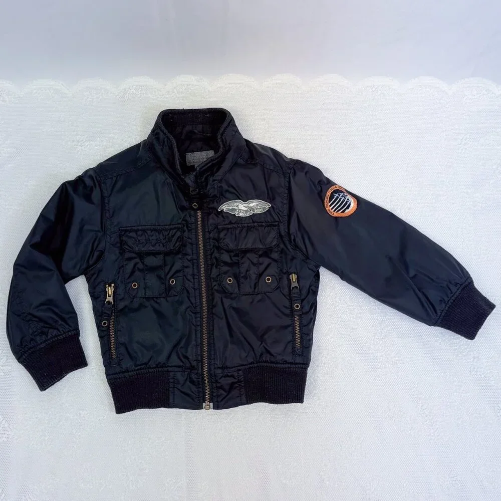 H&M Kids Bomber Jacket Military Style with Patches Zip Up Coat - Picture 2 of 10